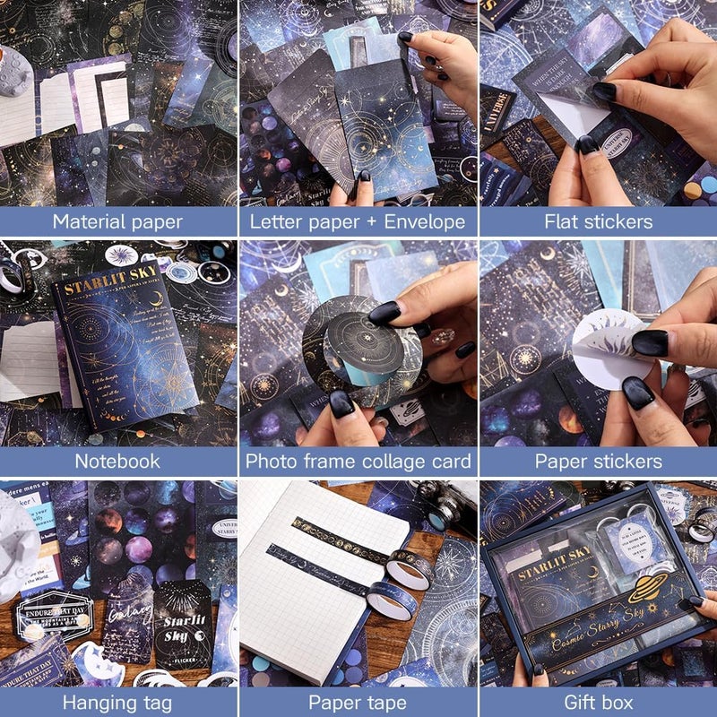 icceemee Scrapbooking Supplies Kit, Blue Starry Sky Scrapbooking Kit for Bullet Junk Journaling, Stationery, A6 Grid Notebook, Flower DIY Journaling Supplies, Birthday Craft Gift for Teen Girls - Image 3